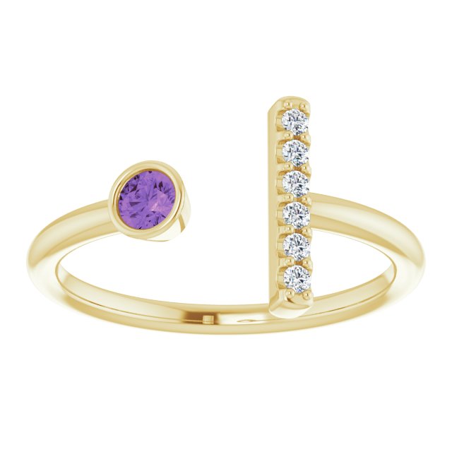 14K Gold Round Natural Amethyst Bar Ring - Yellow Gold - view 8