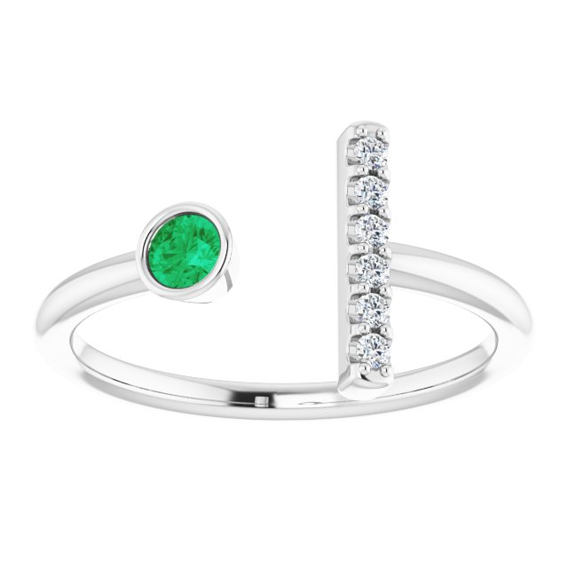 14K Gold Round Natural Emerald Bar Ring - White Gold - view 8