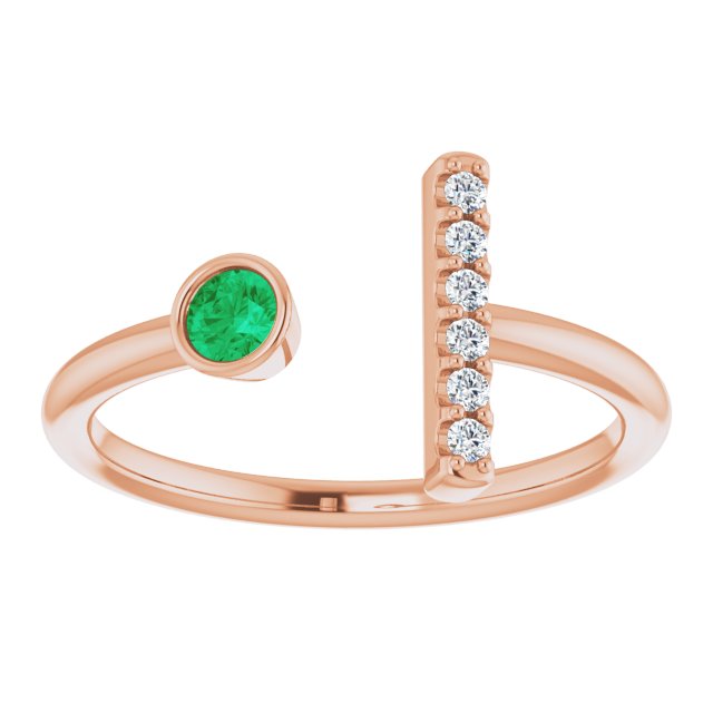 14K Gold Round Natural Emerald Bar Ring - Rose Gold - view 8