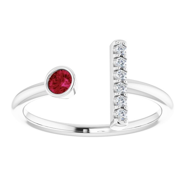Platinum Round Lab-Grown Ruby Bar Ring - view 8