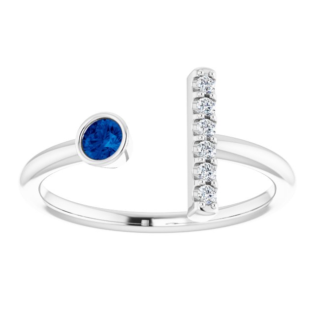 14K Gold Round Lab-Grown Blue Sapphire Bar Ring - White Gold - view 8