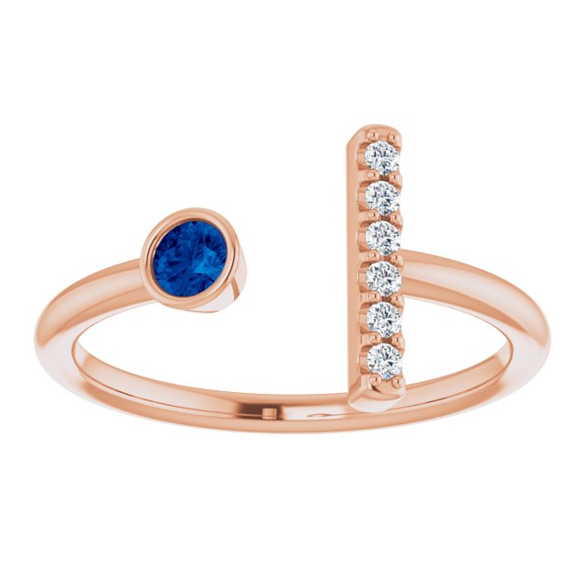 14K Gold Round Lab-Grown Blue Sapphire Bar Ring - Rose Gold - view 8