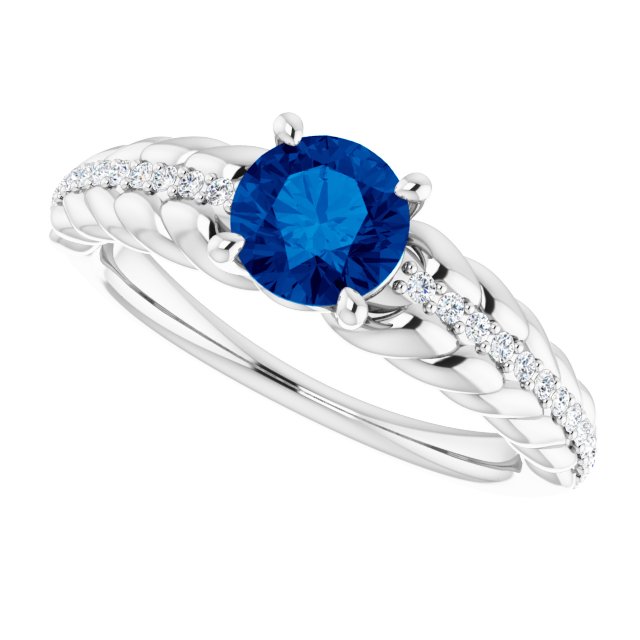 14K Gold Round Natural Blue Sapphire & Natural Diamond Accented Rope Ring - White Gold - view 5