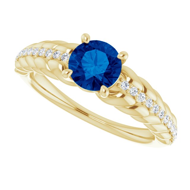 14K Gold Round Natural Blue Sapphire & Natural Diamond Accented Rope Ring - Yellow Gold - view 5