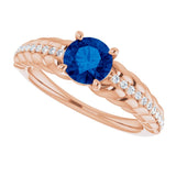14K Gold Round Natural Blue Sapphire & Natural Diamond Accented Rope Ring - Rose Gold - view 5