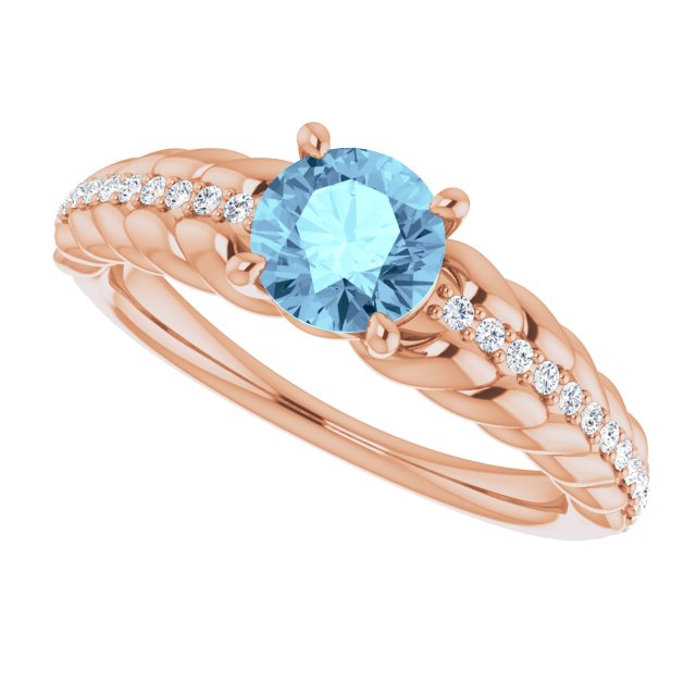 14K Gold Round Natural Aquamarine & Natural Diamond Accented Rope Ring - Rose Gold - view 5
