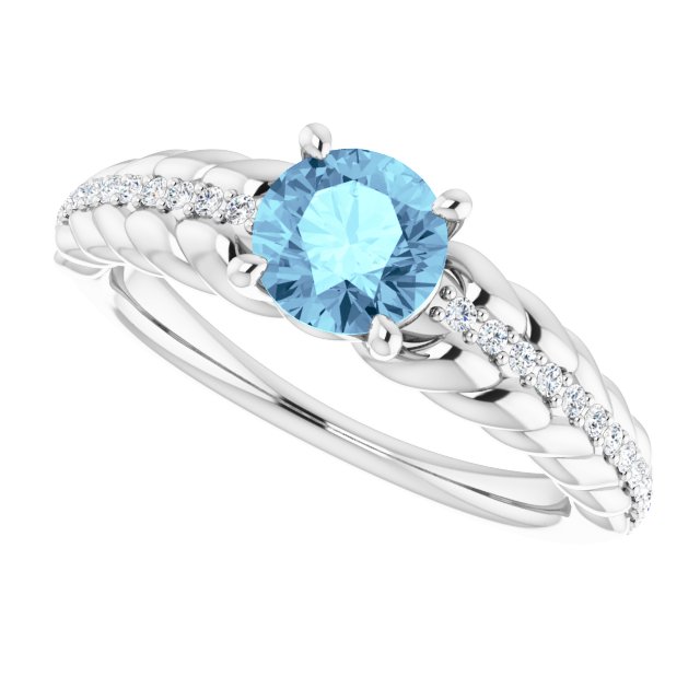 14K Gold Round Natural Aquamarine & Natural Diamond Accented Rope Ring - White Gold - view 5