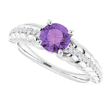14K Gold Round Natural Amethyst & Natural Diamond Accented Rope Ring - White Gold - view 5