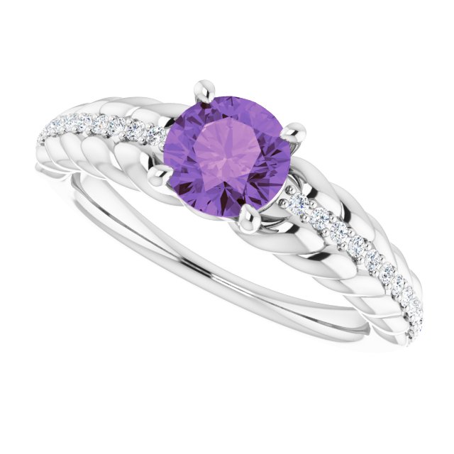 14K Gold Round Natural Amethyst & Natural Diamond Accented Rope Ring - White Gold - view 5