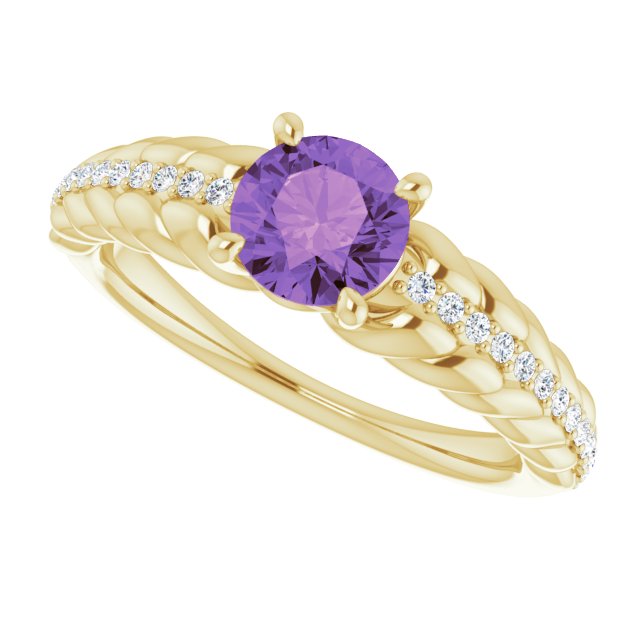 14K Gold Round Natural Amethyst & Natural Diamond Accented Rope Ring - Yellow Gold - view 5