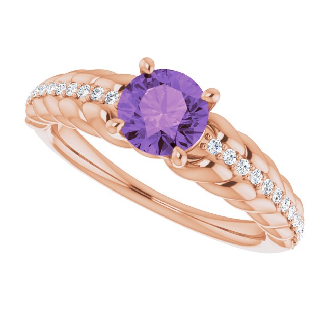14K Gold Round Natural Amethyst & Natural Diamond Accented Rope Ring - Rose Gold - view 5