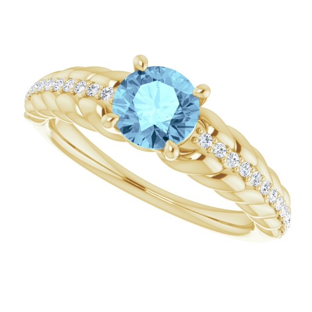 14K Gold Round Natural Aquamarine & Natural Diamond Accented Rope Ring - Yellow Gold - view 5