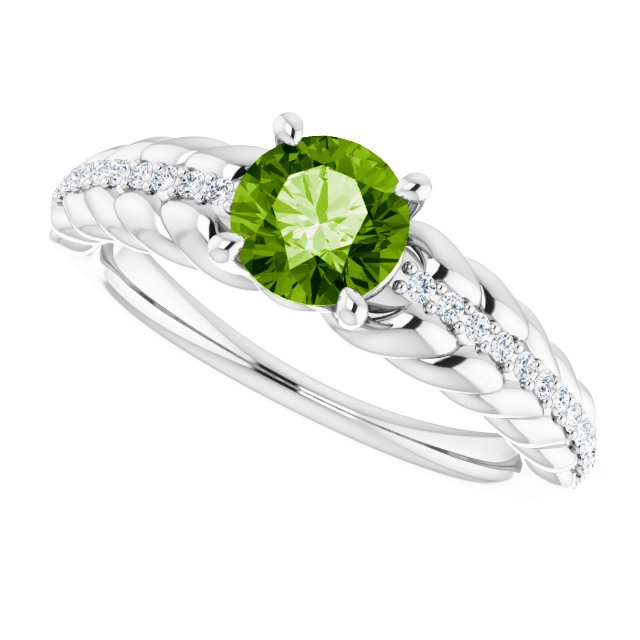 Platinum Round Natural Peridot & Natural Diamond Accented Rope Ring - view 5