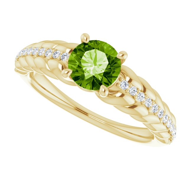 14K Gold Round Natural Peridot & Natural Diamond Accented Rope Ring - Yellow Gold - view 5