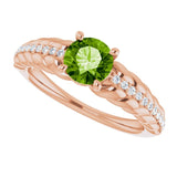 14K Gold Round Natural Peridot & Natural Diamond Accented Rope Ring - Rose Gold - view 5