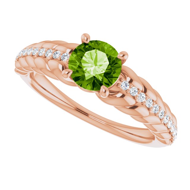 14K Gold Round Natural Peridot & Natural Diamond Accented Rope Ring - Rose Gold - view 5