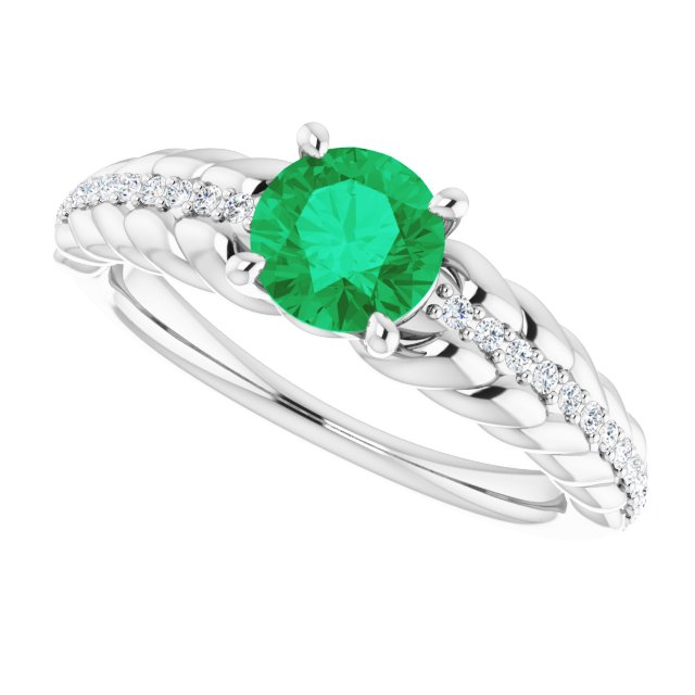 Platinum Round Natural Emerald & Natural Diamond Accented Rope Ring - view 5