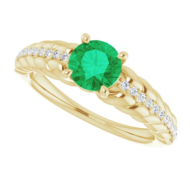14K Gold Round Natural Emerald & Natural Diamond Accented Rope Ring - Yellow Gold - view 5
