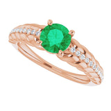 14K Gold Round Natural Emerald & Natural Diamond Accented Rope Ring - Rose Gold - view 5