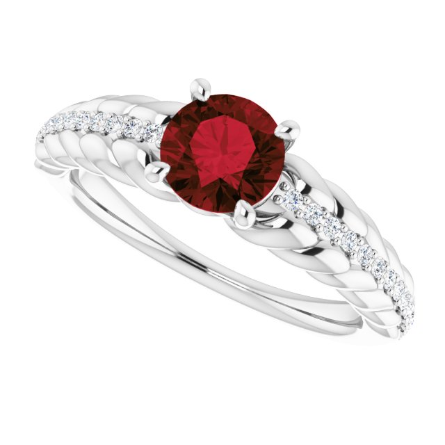 14K Gold Round Natural Mozambique Garnet & Natural Diamond Accented Rope Ring - White Gold - view 5