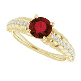 14K Gold Round Natural Mozambique Garnet & Natural Diamond Accented Rope Ring - Yellow Gold - view 5