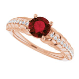 14K Gold Round Natural Mozambique Garnet & Natural Diamond Accented Rope Ring - Rose Gold - view 5
