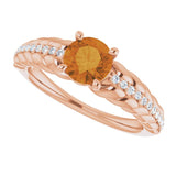 14K Gold Round Natural Citrine & Natural Diamond Accented Rope Ring - Rose Gold - view 5
