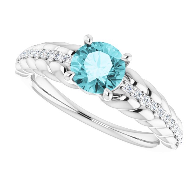 14K Gold Round Natural Blue Zircon & Natural Diamond Accented Rope Ring - White Gold - view 5