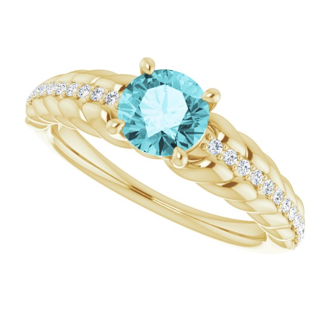 14K Gold Round Natural Blue Zircon & Natural Diamond Accented Rope Ring - Yellow Gold - view 5
