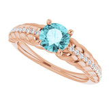 14K Gold Round Natural Blue Zircon & Natural Diamond Accented Rope Ring - Rose Gold - view 5