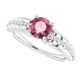 14K Gold Round Natural Pink Tourmaline & Natural Diamond Accented Rope Ring - White Gold - view 5