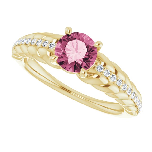 14K Gold Round Natural Pink Tourmaline & Natural Diamond Accented Rope Ring - Yellow Gold - view 5