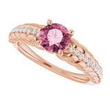 14K Gold Round Natural Pink Tourmaline & Natural Diamond Accented Rope Ring - Rose Gold - view 5