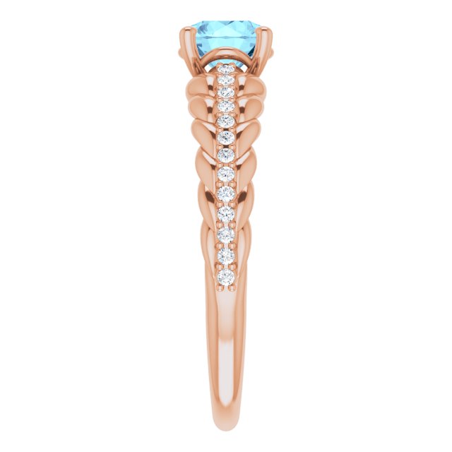 14K Gold Round Natural Aquamarine & Natural Diamond Accented Rope Ring - Rose Gold - view 4