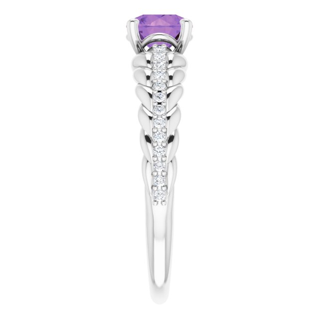 14K Gold Round Natural Amethyst & Natural Diamond Accented Rope Ring - White Gold - view 4