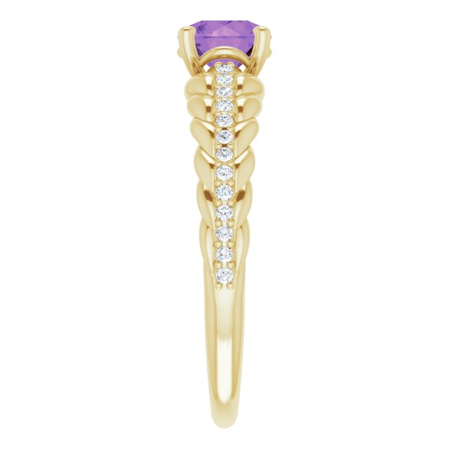 14K Gold Round Natural Amethyst & Natural Diamond Accented Rope Ring - Yellow Gold - view 4
