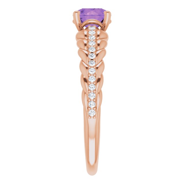 14K Gold Round Natural Amethyst & Natural Diamond Accented Rope Ring - Rose Gold - view 4