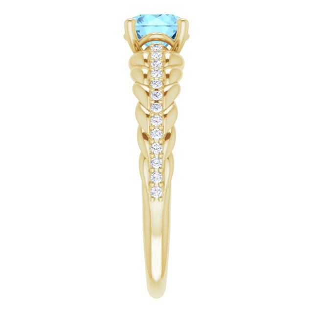 14K Gold Round Natural Aquamarine & Natural Diamond Accented Rope Ring - Yellow Gold - view 4