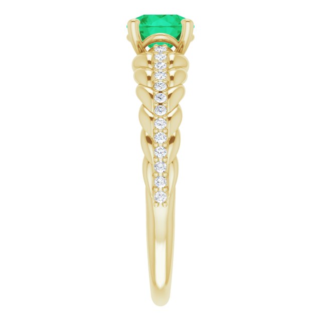 14K Gold Round Natural Emerald & Natural Diamond Accented Rope Ring - Yellow Gold - view 4