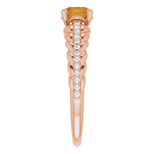 14K Gold Round Natural Citrine & Natural Diamond Accented Rope Ring - Rose Gold - view 4