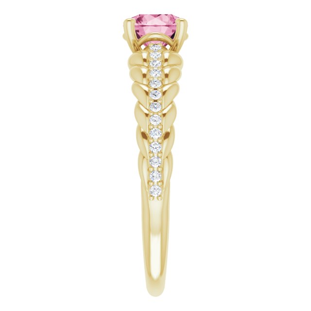 14K Gold Round Natural Pink Tourmaline & Natural Diamond Accented Rope Ring - Yellow Gold - view 4