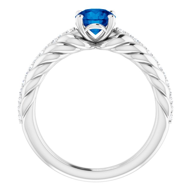Platinum Round Natural Blue Sapphire & Natural Diamond Accented Rope Ring - view 2