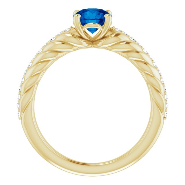 14K Gold Round Natural Blue Sapphire & Natural Diamond Accented Rope Ring - Yellow Gold - view 2