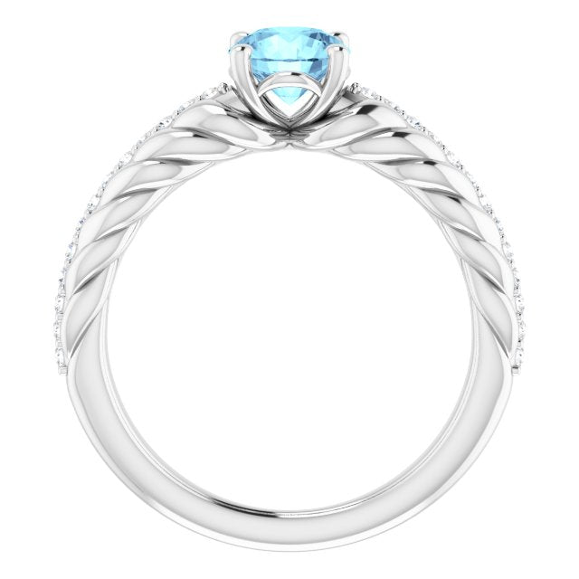 14K Gold Round Natural Aquamarine & Natural Diamond Accented Rope Ring - White Gold - view 2