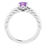 14K Gold Round Natural Amethyst & Natural Diamond Accented Rope Ring - White Gold - view 2