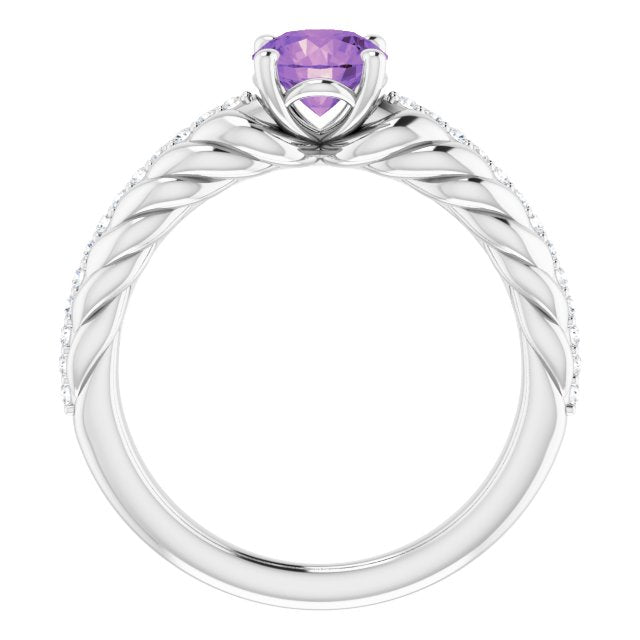14K Gold Round Natural Amethyst & Natural Diamond Accented Rope Ring - White Gold - view 2
