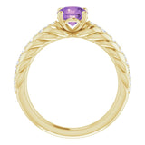 14K Gold Round Natural Amethyst & Natural Diamond Accented Rope Ring - Yellow Gold - view 2
