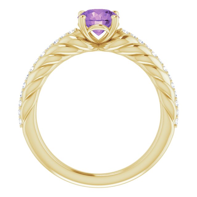 14K Gold Round Natural Amethyst & Natural Diamond Accented Rope Ring - Yellow Gold - view 2