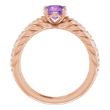 14K Gold Round Natural Amethyst & Natural Diamond Accented Rope Ring - Rose Gold - view 2