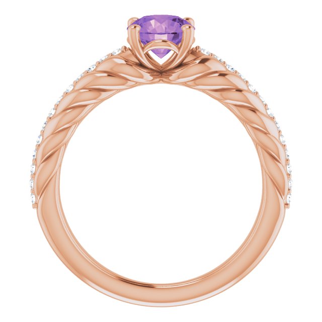 14K Gold Round Natural Amethyst & Natural Diamond Accented Rope Ring - Rose Gold - view 2